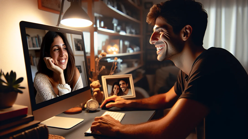 Pareja en relación a distancia comunicándose por videollamada