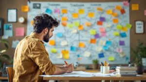 Joven planificando en un mapa mental cómo conseguir trabajo sin experiencia