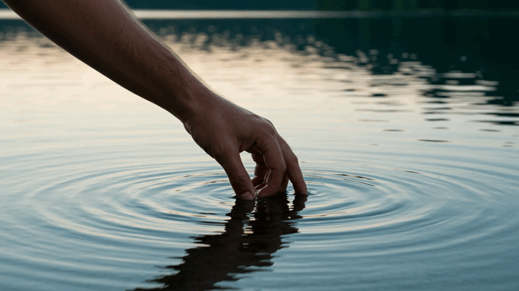Mano tocando suavemente la superficie del agua de un lago, creando ondas que simbolizan quietud y concentración