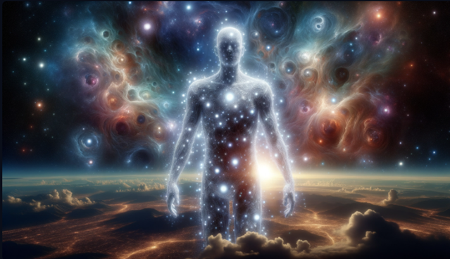 Figura humana conectada con el universo simbolizando el alma y la conciencia