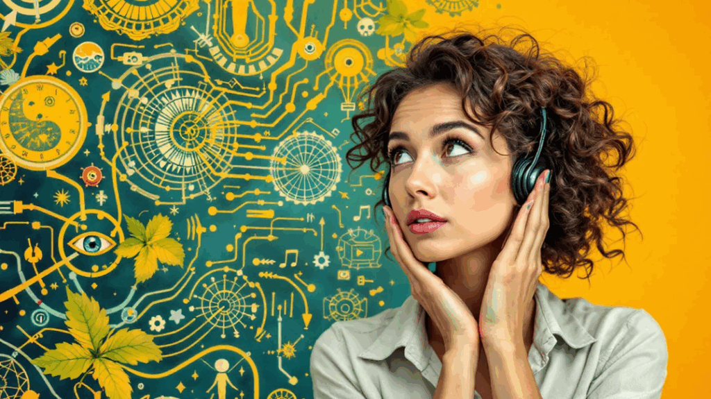 Mujer con auriculares preguntándose si se puede manipular un subliminal.