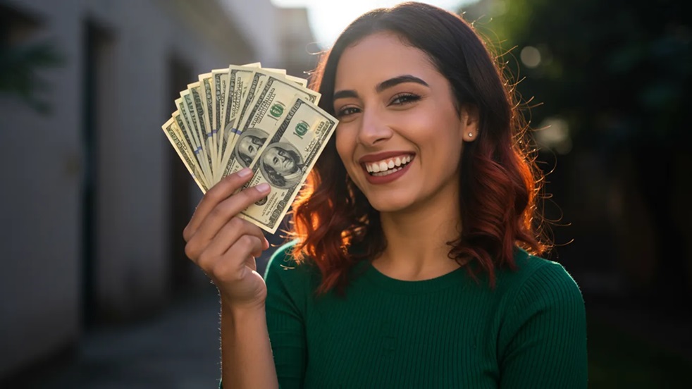 Persona feliz con dinero en mano, disfrutando de la vida