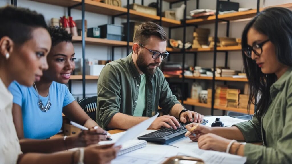 Equipo de jóvenes colaborando para conseguir trabajo sin experiencia profesional