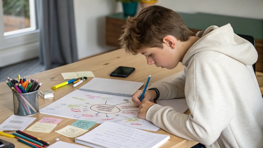 Una persona joven sentada en un escritorio, dibujando un mapa mental o planificando su futuro profesional