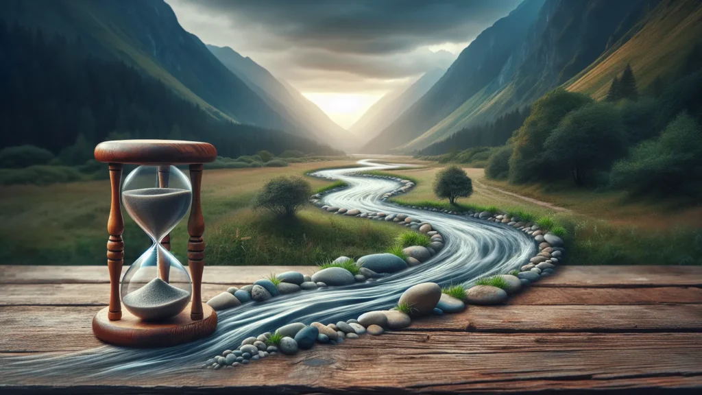 Reloj de arena simbolizando la comprensión de la existencia a través del flujo del tiempo