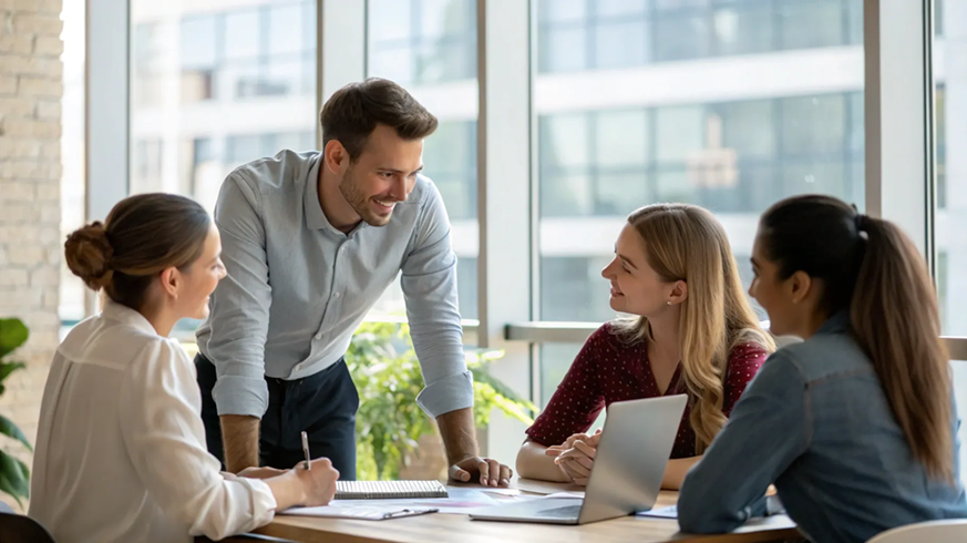 Líder practicando escucha activa liderazgo con su equipo