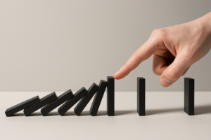 Minimalist conceptual photograph of a hand with pointing finger pushing black domino tiles falling in chain reaction cascade effect, white and gray background with shadows, cause and effect concept, chain reaction and impact theme, dominoes falling sequence, professional business and consequence imagery, clean composition, business strategy concept, high quality realistic photo, landscape format 16:9, 940x529